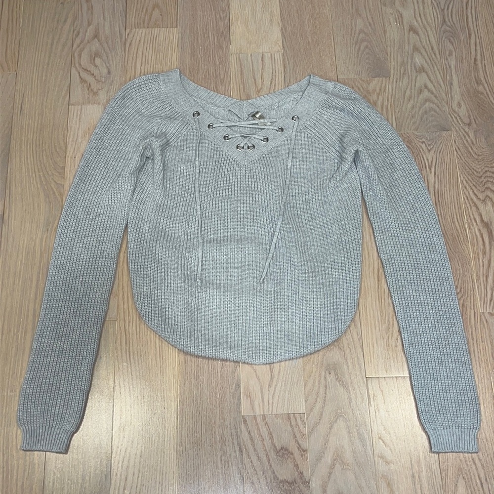 Mona B Gray Lace Up Sweater